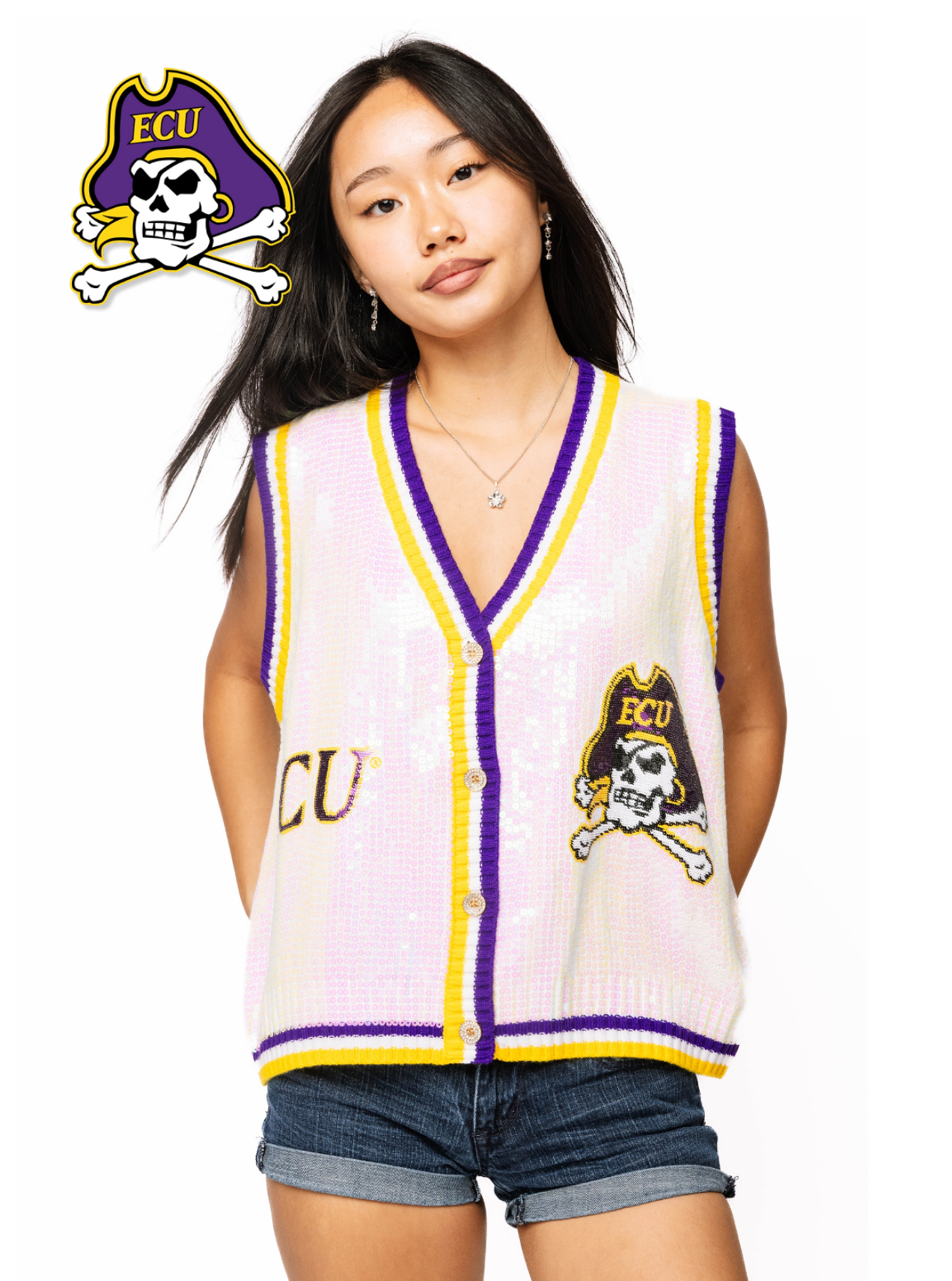 Licensed Sample - White, Purple & Gold ECU Full Sequin Button Up Sweater Vest