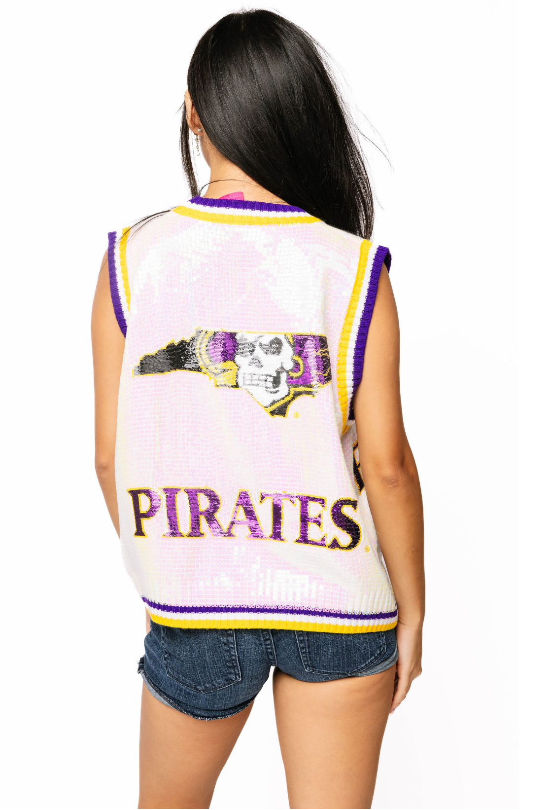 Licensed Sample - White, Purple & Gold ECU Full Sequin Button Up Sweater Vest
