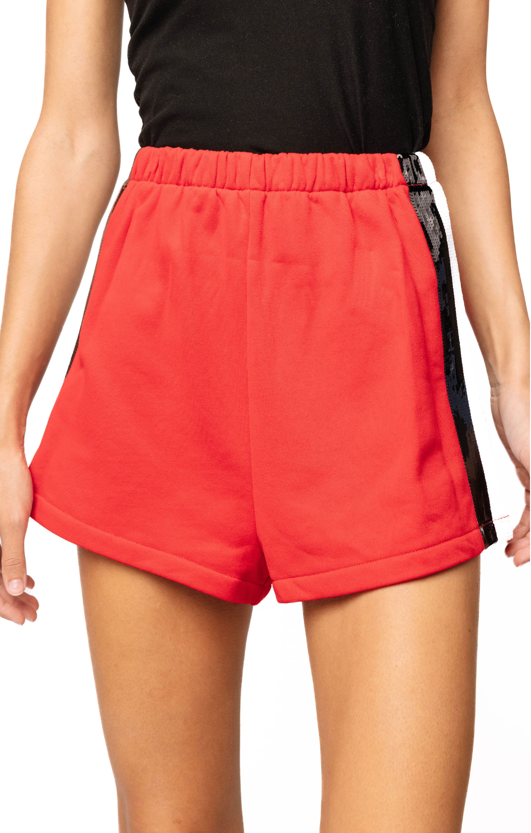 SAMPLE - Red Sweatshirt Shorts with White and Black Sequin Side Stripe
