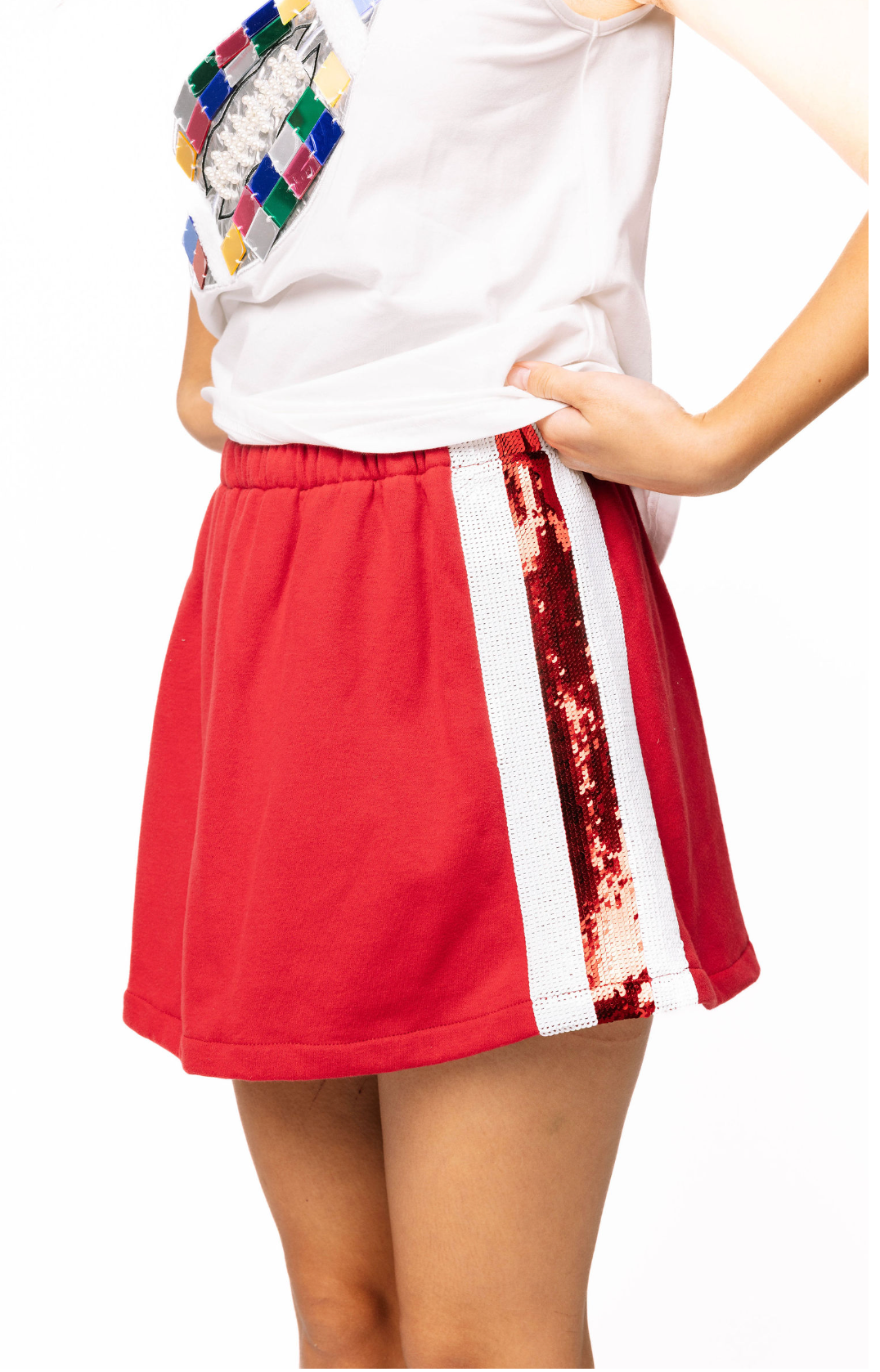 SAMPLE - Crimson Sweatshirt Skort with White Sequin Side Stripe