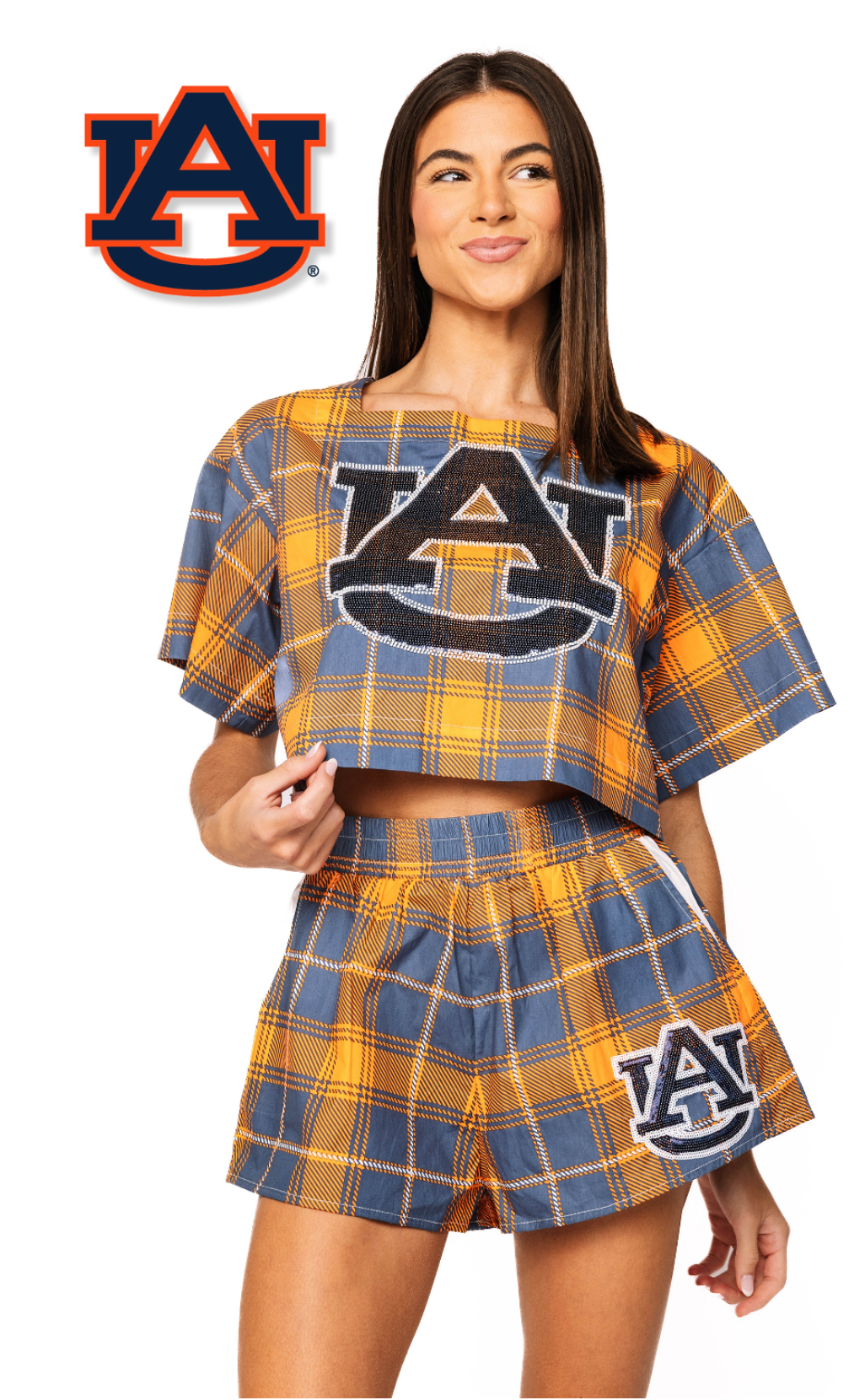 Licensed Sample - Auburn Plaid Tie Back Cotton Top and Mascot Cotton Shorts Set
