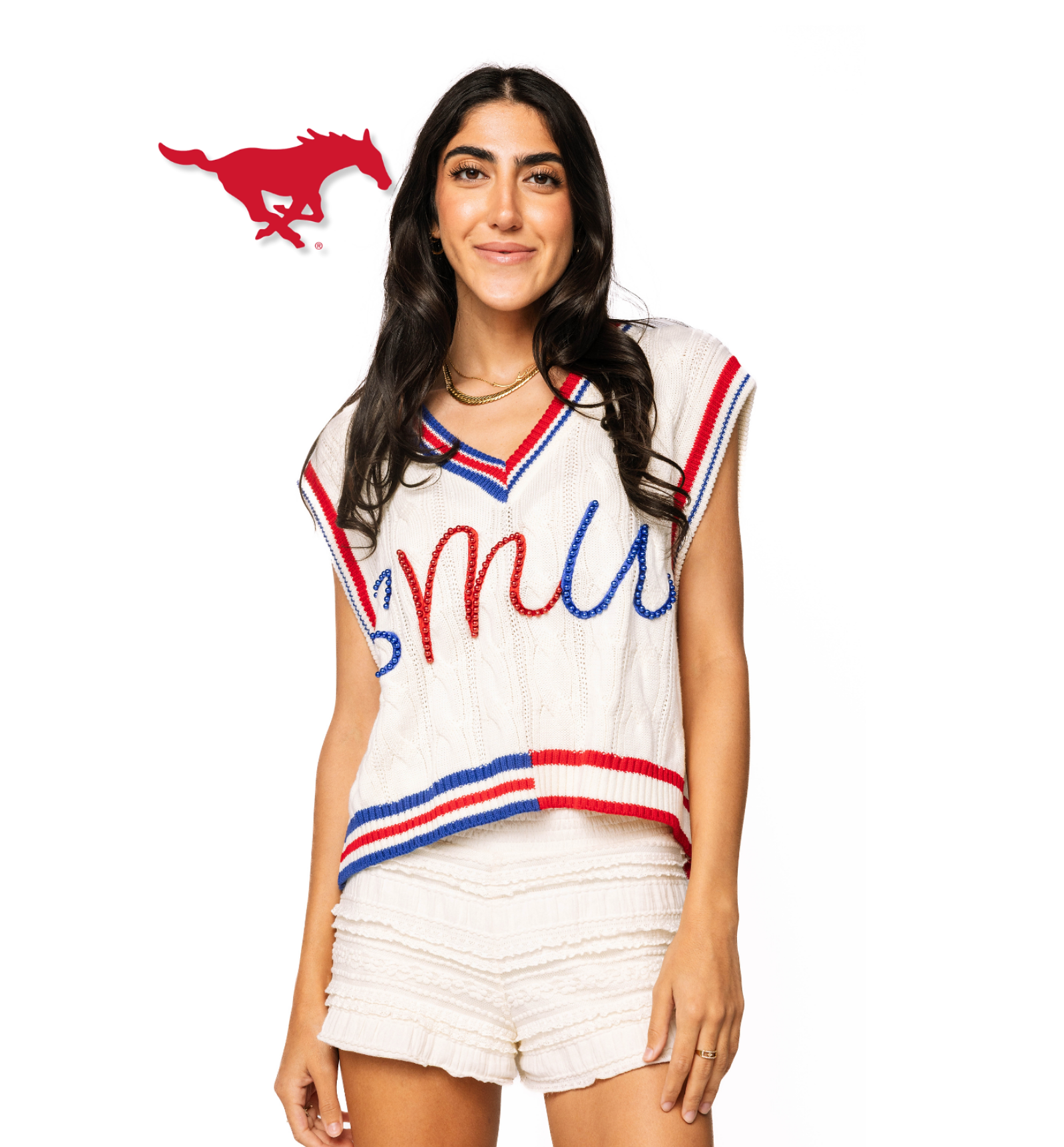 Licensed Sample - White, Royal & Red Pearl 'SMU' V Neck Sweater Vest