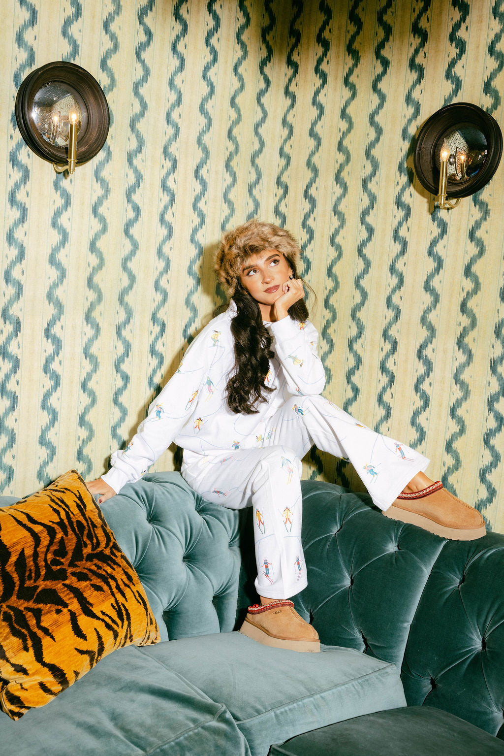 White Multi Skier Snow Path Mock Neck Sweatshirt