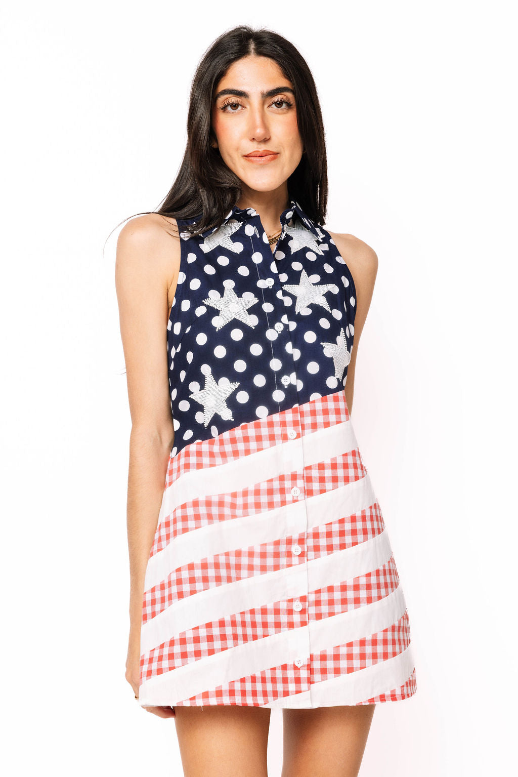 Navy, Red & White Polka Dot and Stripe USA Button Up Tank Dress S / SUM26143