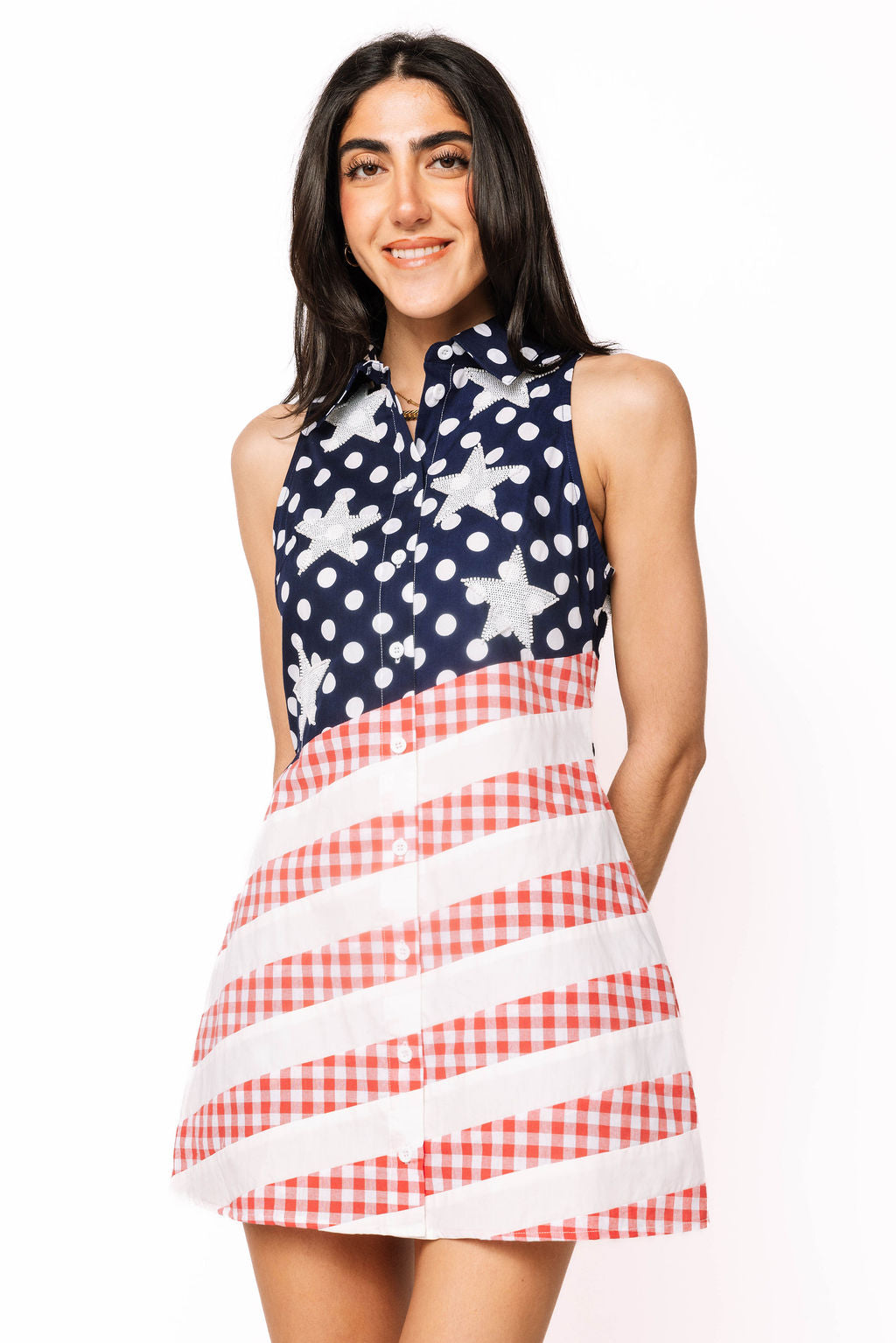 Navy, Red & White Polka Dot and Stripe USA Button Up Tank Dress XS / SUM26143 Navy, Red & White Polka Dot and Stripe USA Button Up Tank Dress XS / SUM26143