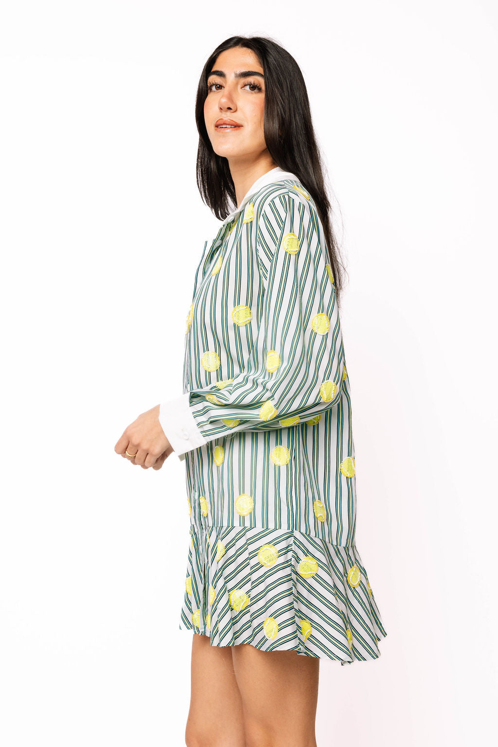 Green & White Striped Tennis Ball Cotton Button Up Cotton Dress S / SUM2606 Green & White Striped Tennis Ball Cotton Button Up Cotton Dress S / SUM2606