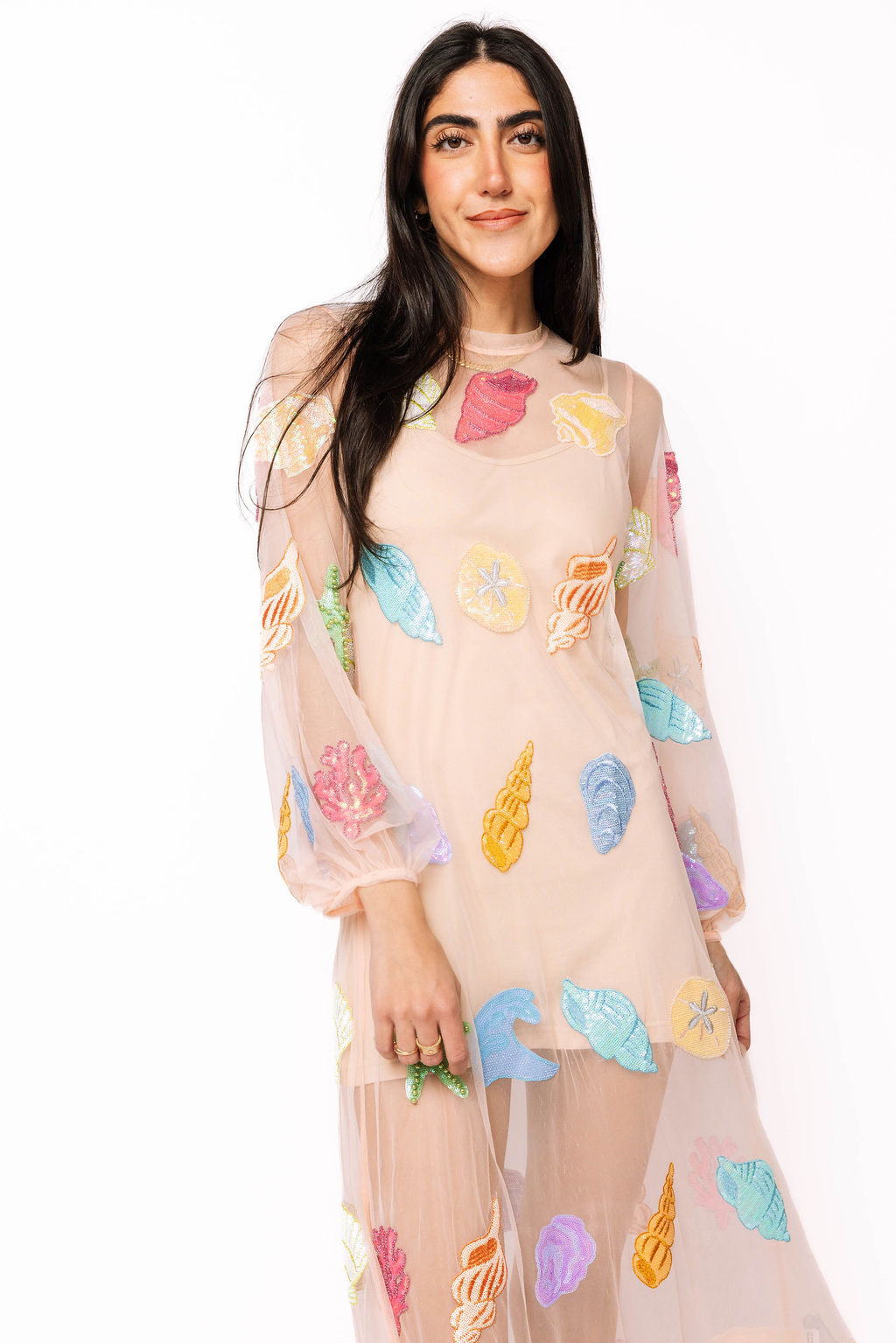 Sheer Beige Shell Long Sleeve Midi Coverup Dress – Queen of Sparkles