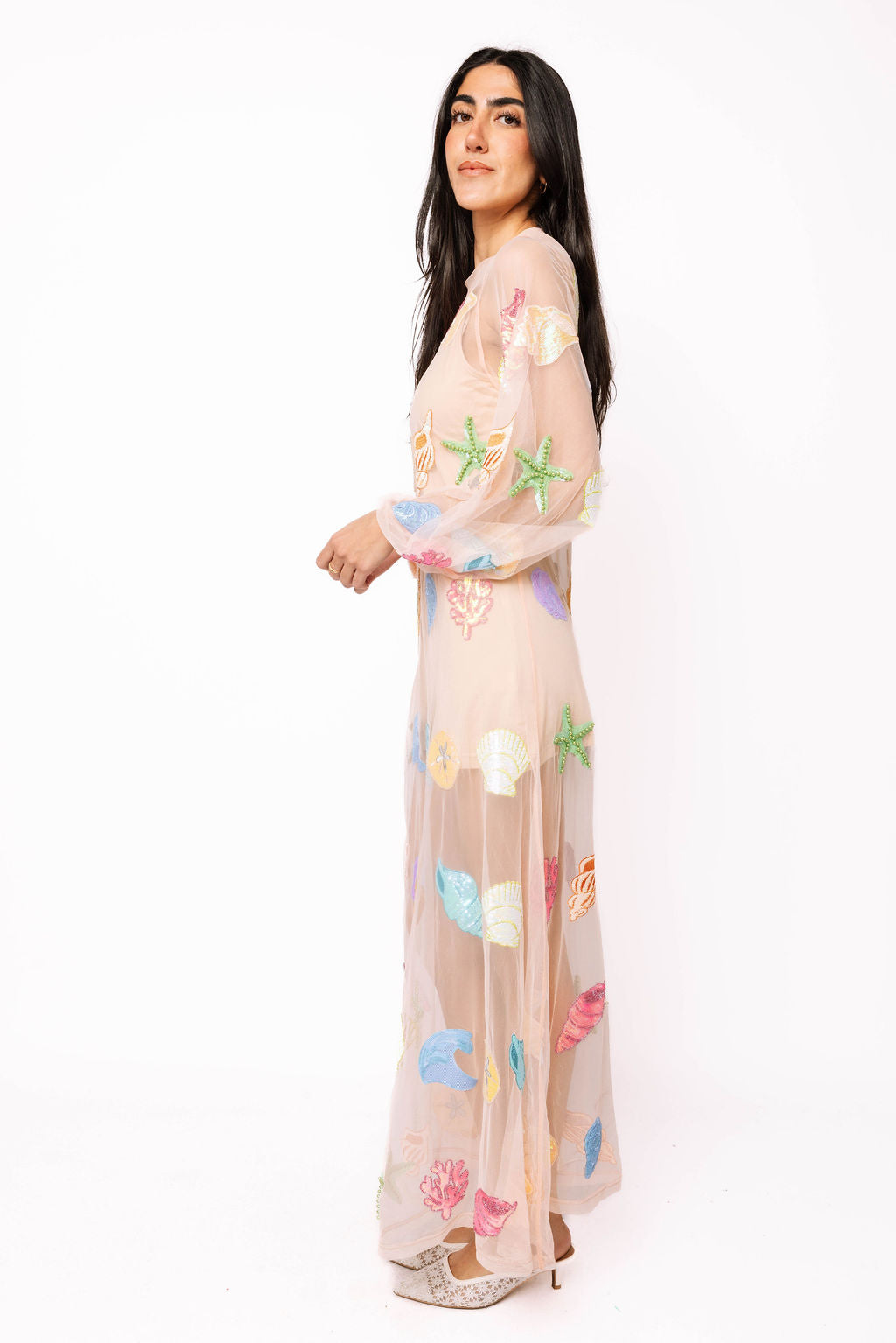 Sheer Beige Shell Long Sleeve Midi Coverup Dress – Queen of Sparkles