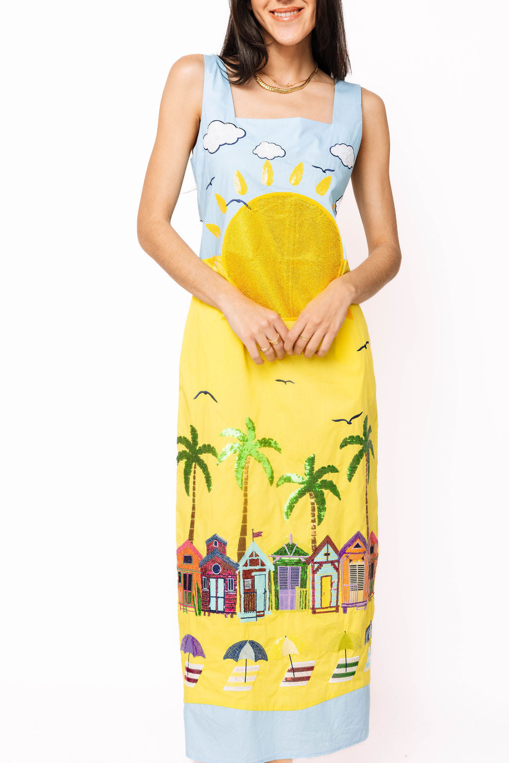 Aqua Multi Beach Scene Cotton Midi Dress L / SUM2640