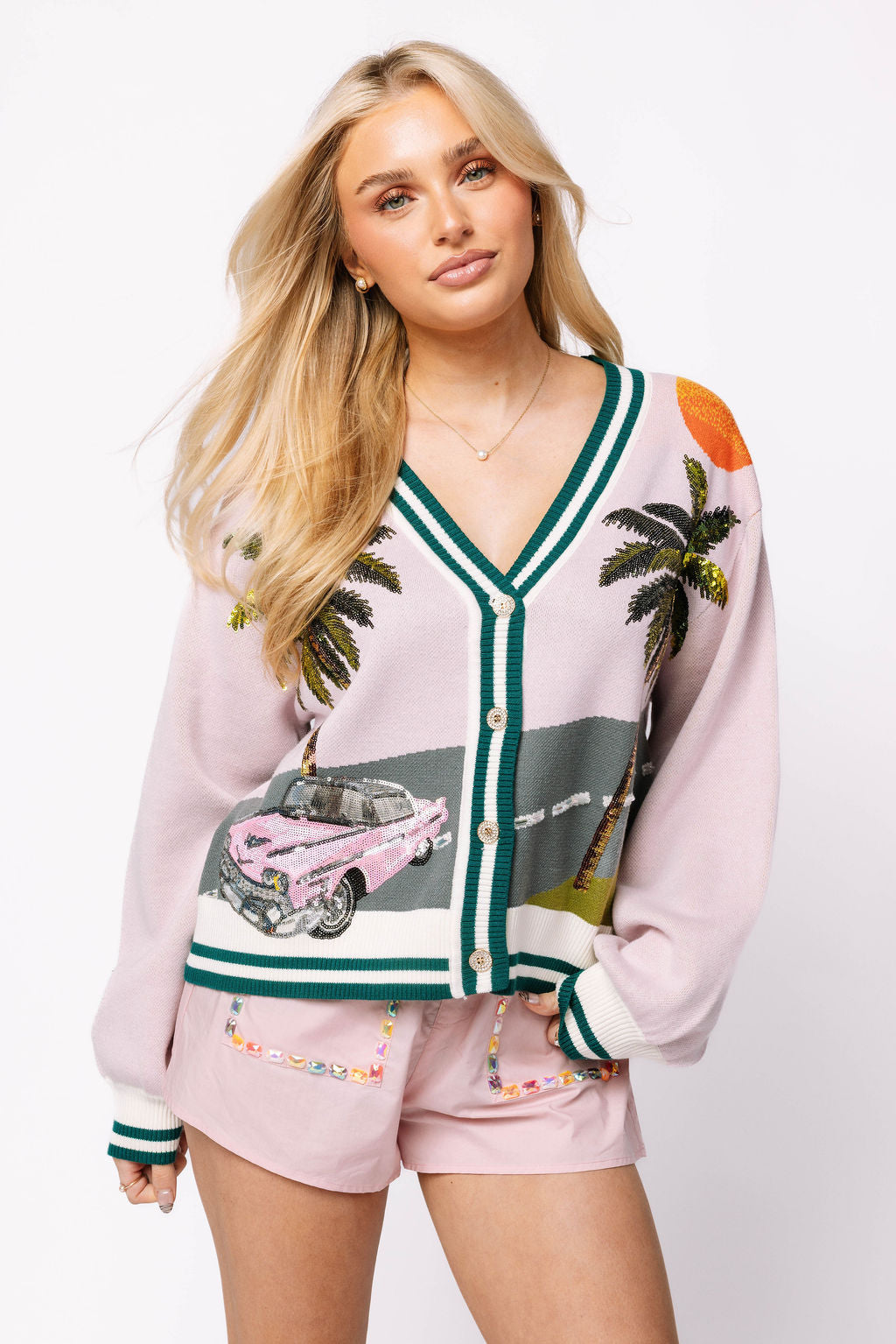 Light Pink Vintage Car On Street With Palm Tree Cardigan