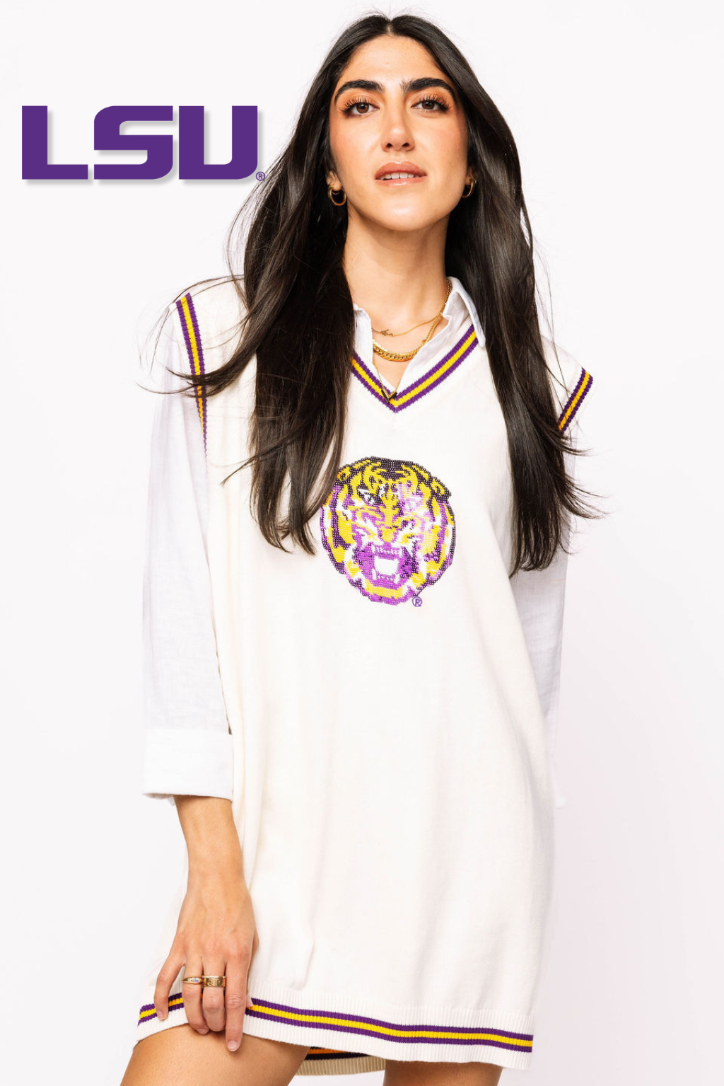 Licensed Sample -LSU V Neck Striped Cuff Sweater Vest Dress