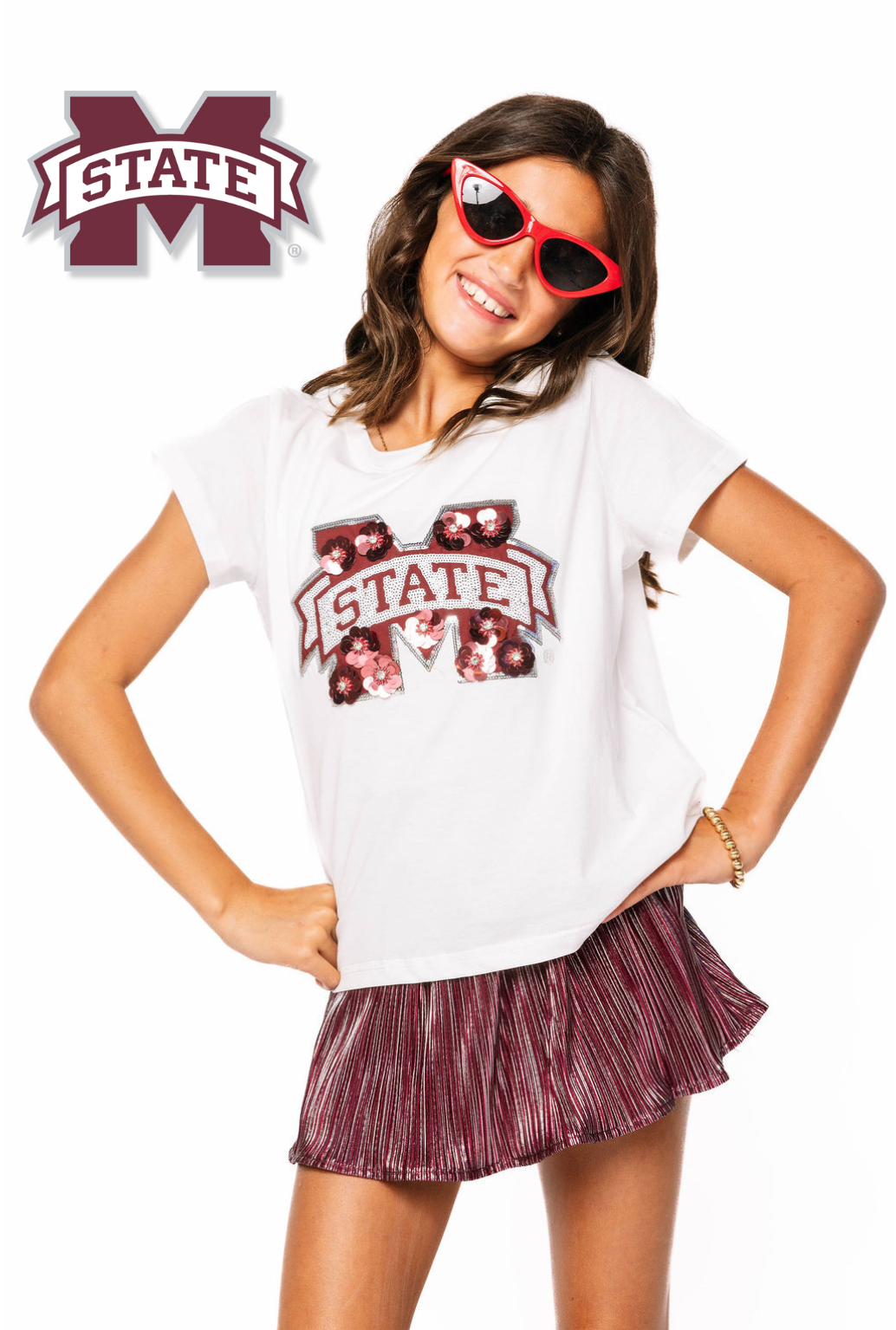 Kids Licensed Miss State Sequin Flower Tee