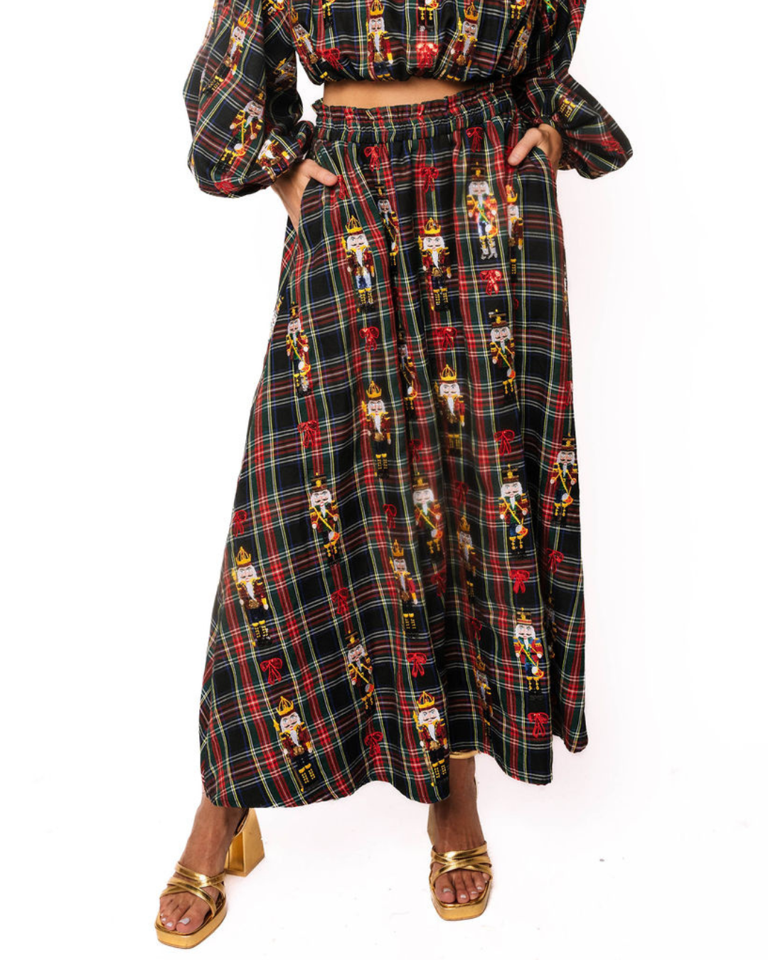 Navy Plaid Nutcracker & Bow Cotton Midi Skirt
