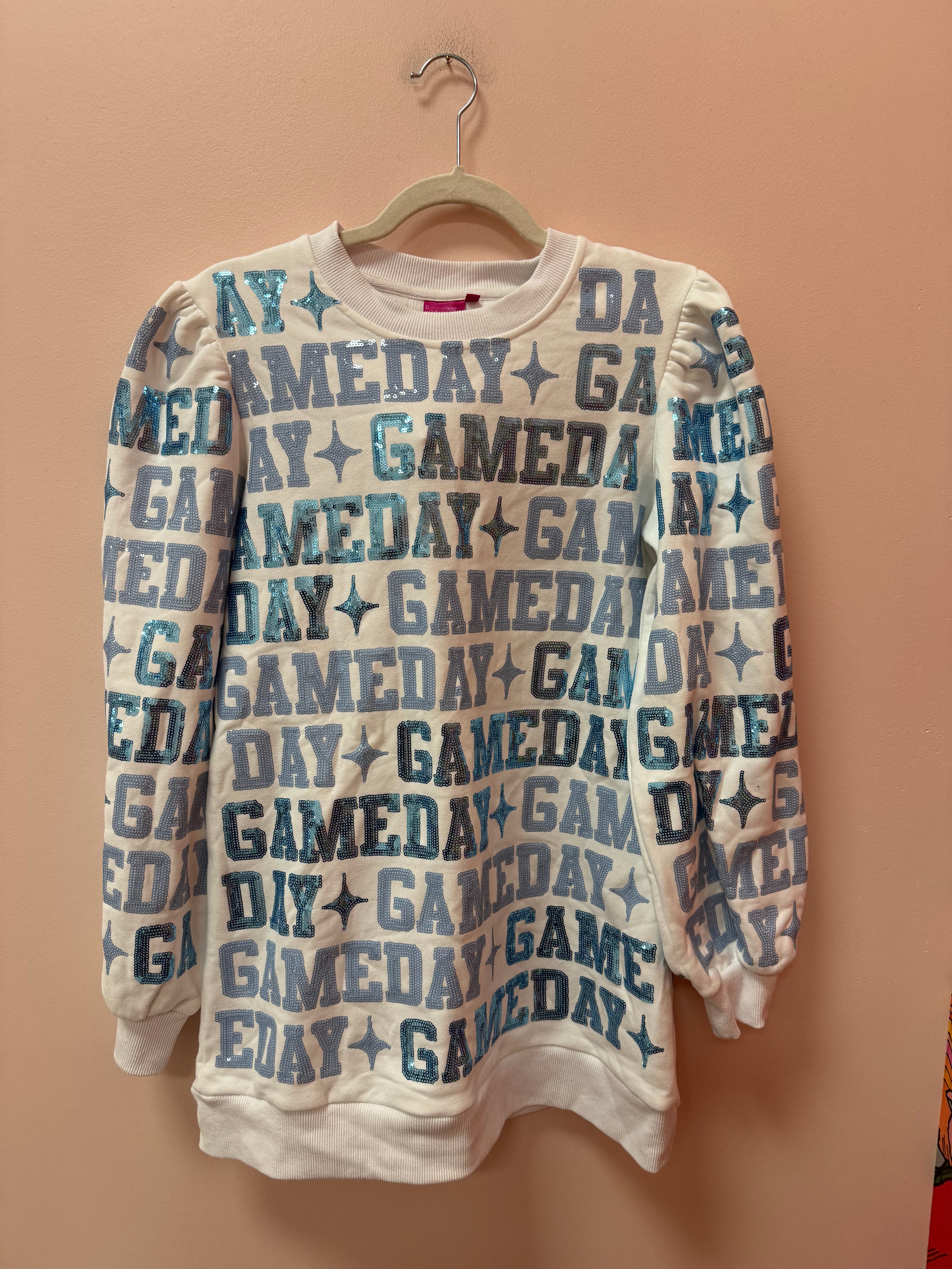 SAMPLE- WHITE & LIGHT BLUE 'GAMEDAY' ALL OVER SWEATSHIRT DRESS