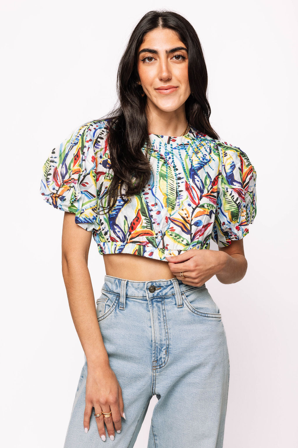 Tropical Puff Sleeve Jeweled Crop