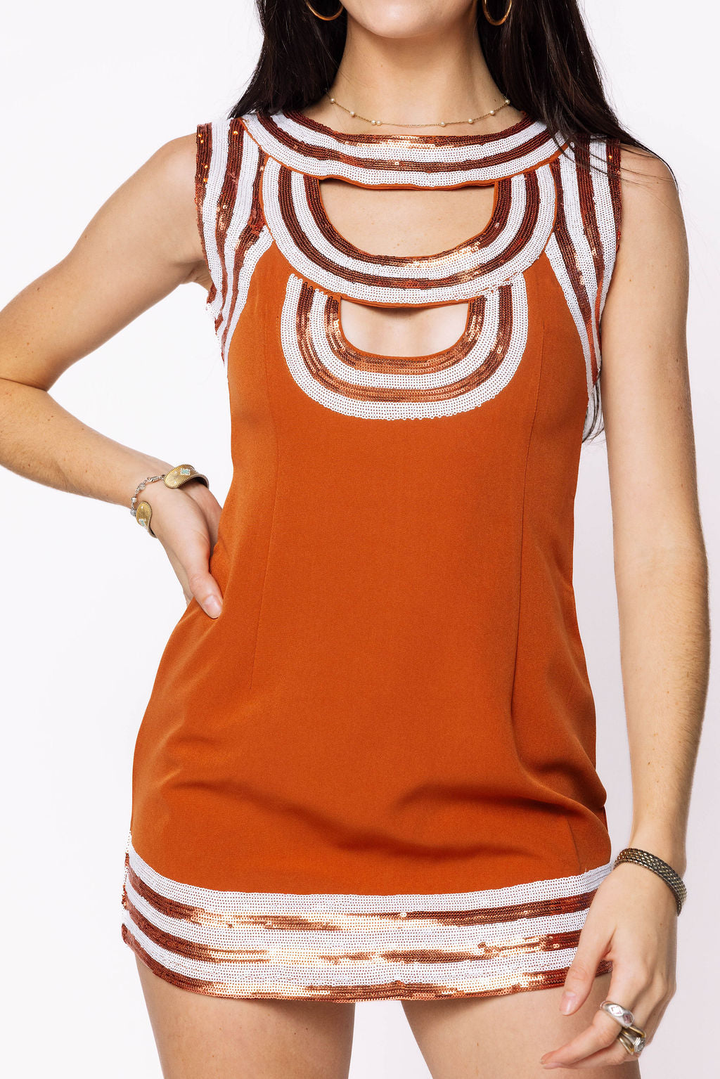 Burnt Orange & White Sequin Trim Cut Out Tank Dress Queen of Sparkles Burnt Orange & White Sequin Trim Cut Out Tank Dress Queen of Sparkles