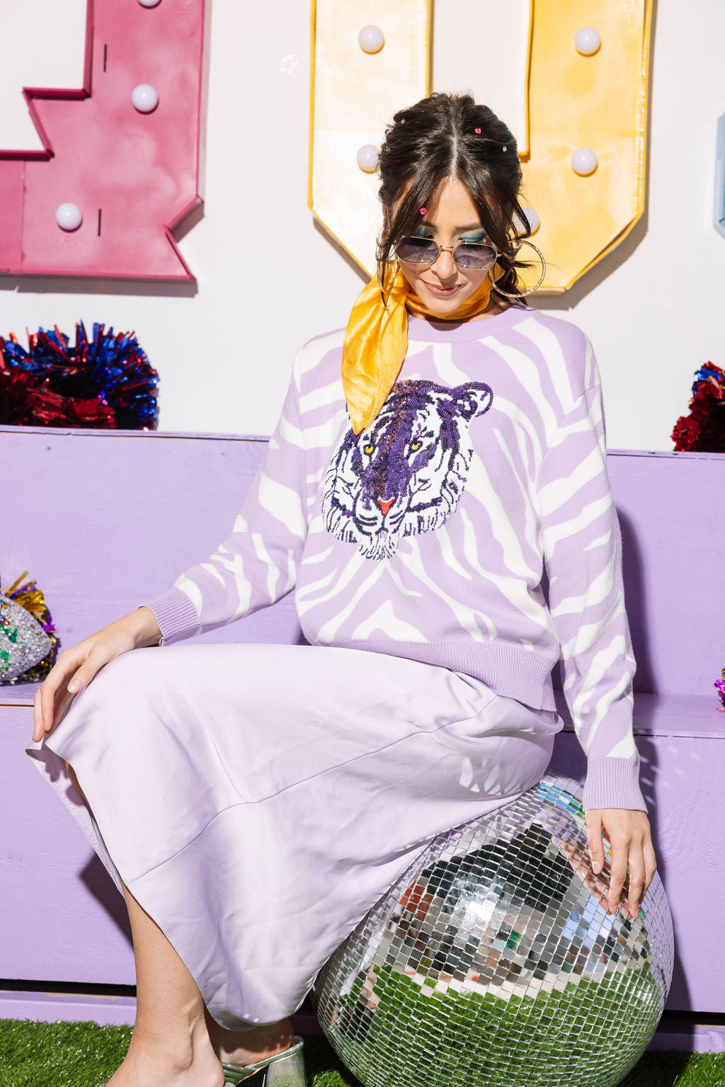 Lavender Tiger Print Tiger Head Long Sleeve Sweater