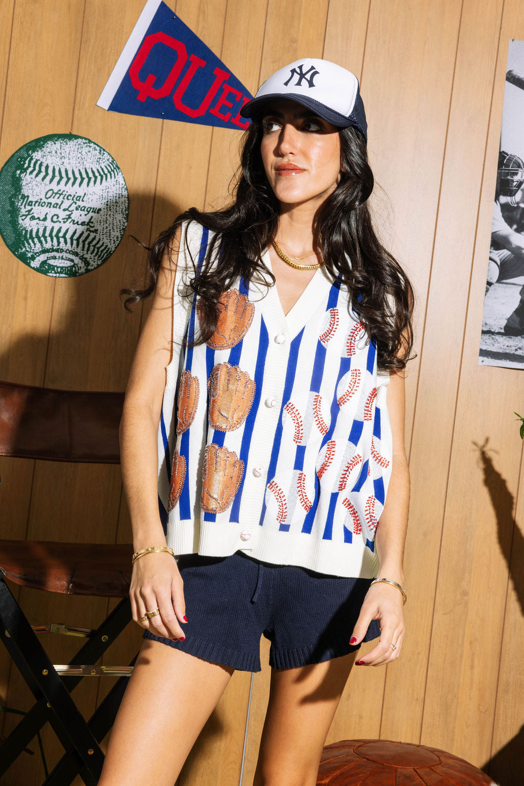 Royal & White Stripe Baseball & Glove Button Up Tank