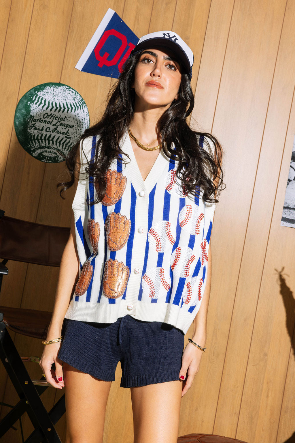 Royal & White Stripe Baseball & Glove Button Up Tank