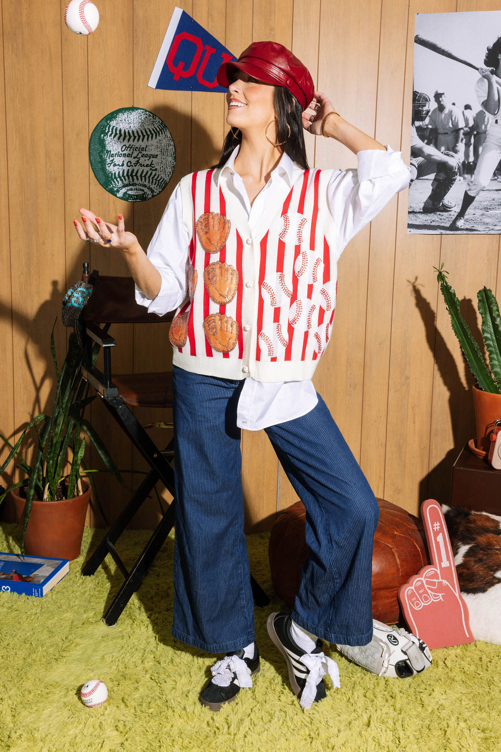 Red & White Stripe Baseball & Glove Button Up Tank