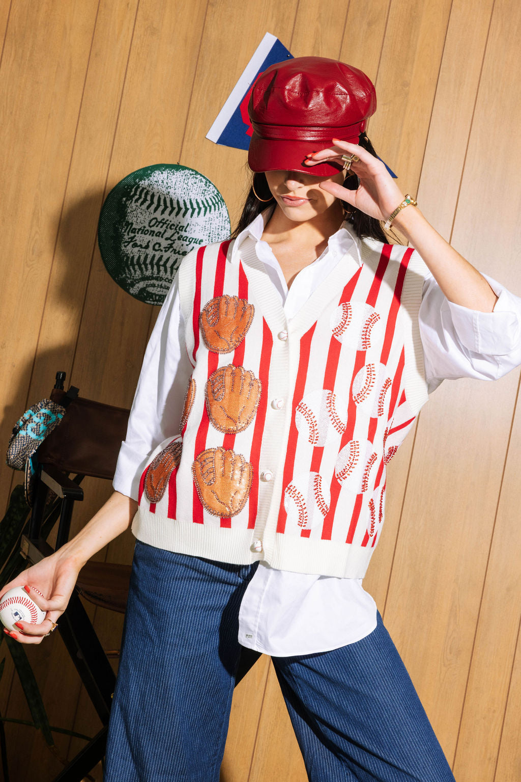 Red & White Stripe Baseball & Glove Button Up Tank