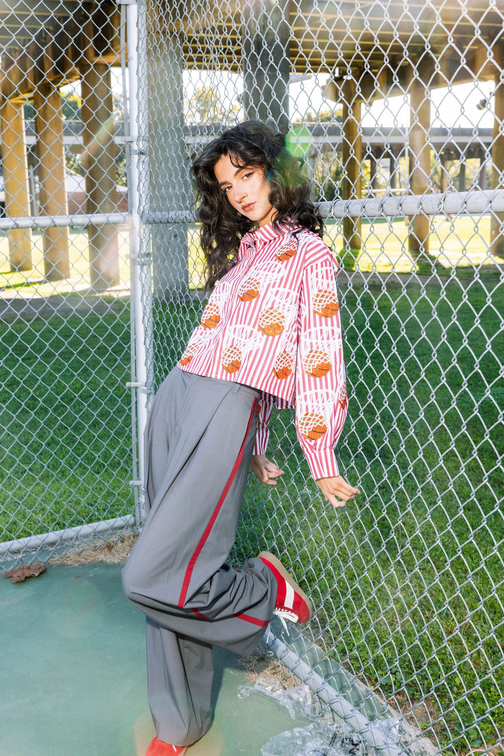 Red & White Stripe Basketball Hoop Button Up Top