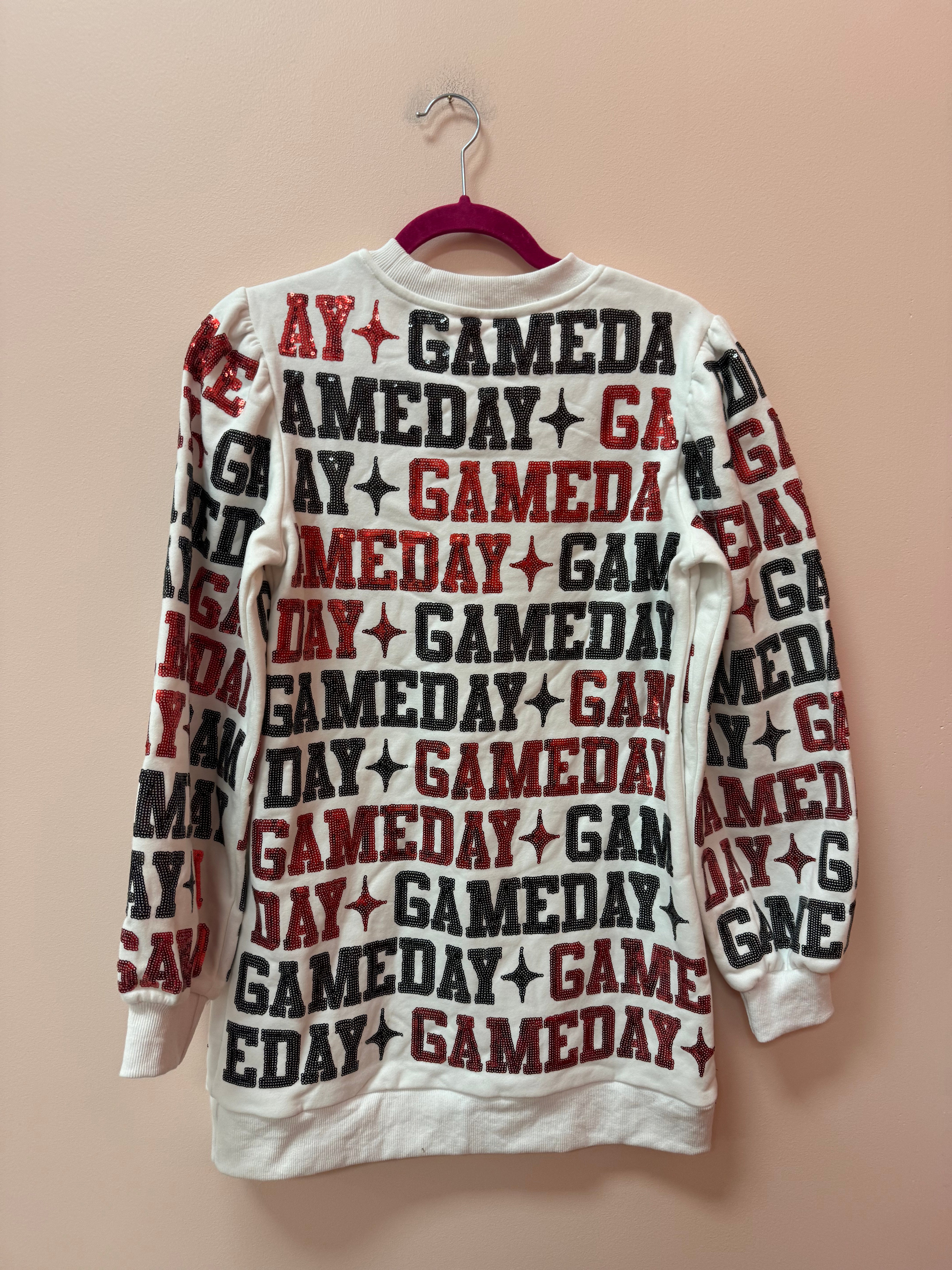 SAMPLE- WHITE, BLACK & RED 'GAMEDAY' ALL OVER SWEATSHIRT DRESS