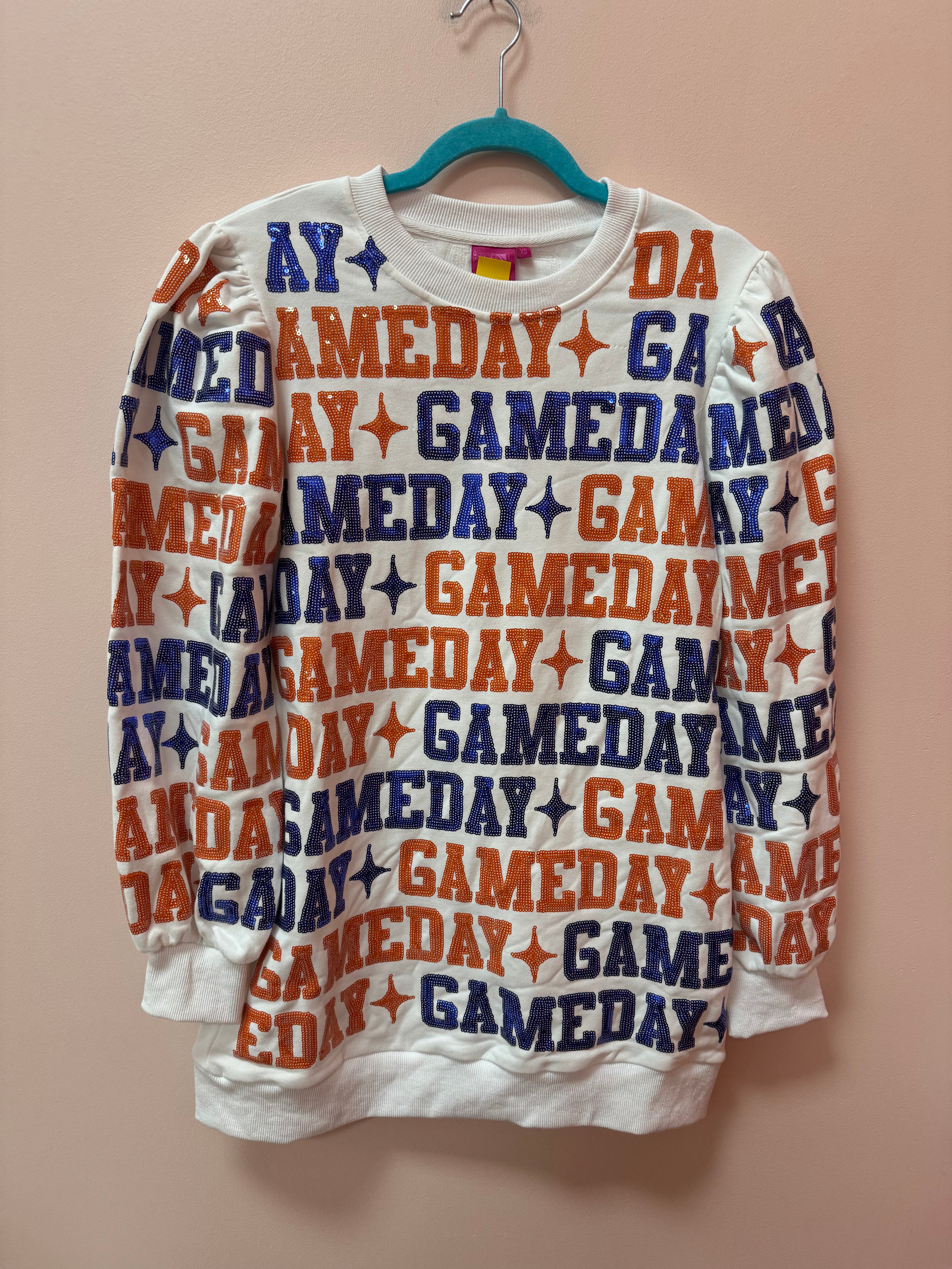 SAMPLE- WHITE, BLUE & ORANGE 'GAMEDAY' ALL OVER SWEATSHIRT DRESS