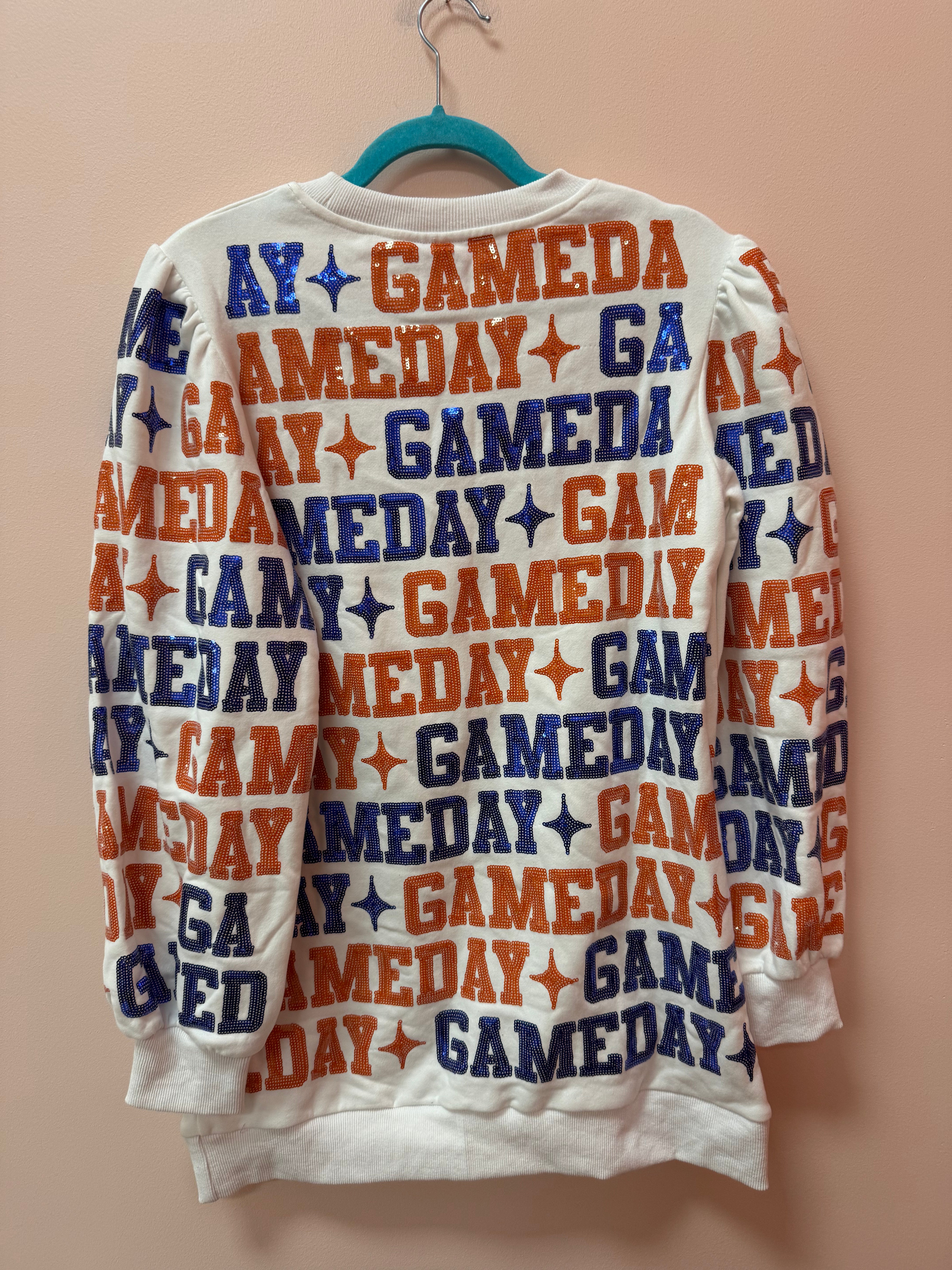 SAMPLE- WHITE, BLUE & ORANGE 'GAMEDAY' ALL OVER SWEATSHIRT DRESS