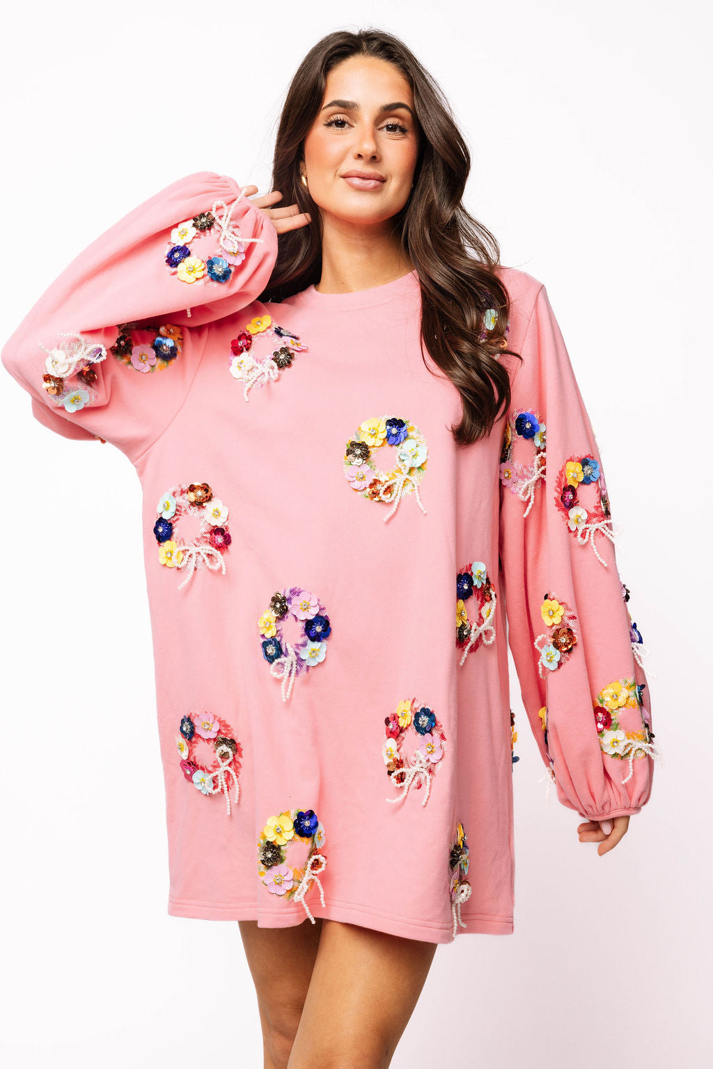 SAMPLE- Pink Multi Sequin Flower Wreath Long Sleeve Dress