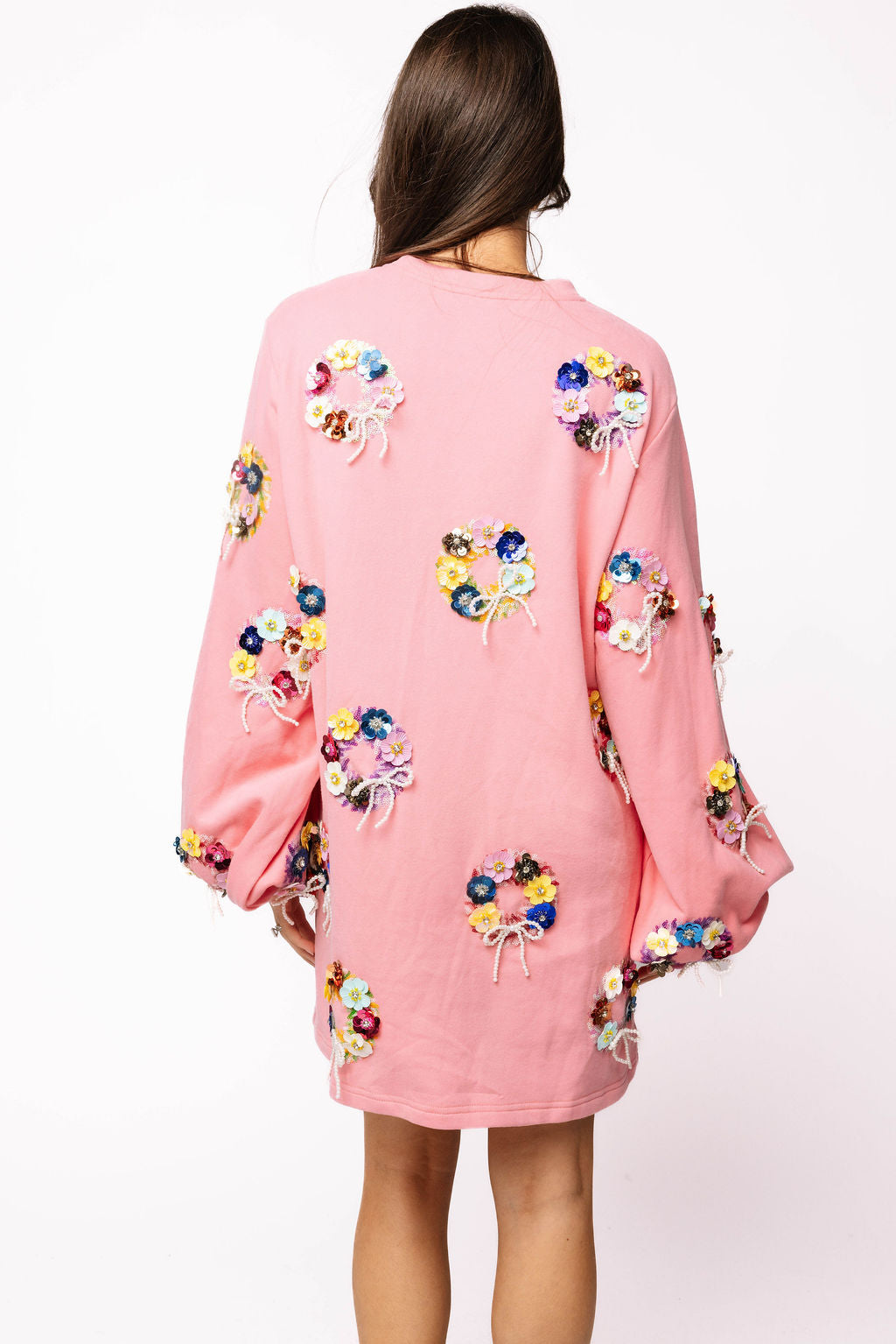SAMPLE- Pink Multi Sequin Flower Wreath Long Sleeve Dress