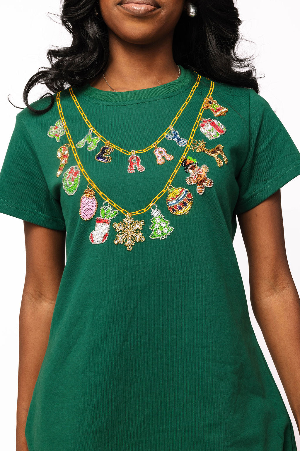 Dark Green Christmas Icons Necklace Tee Dress Queen of Sparkles Dark Green Christmas Icons Necklace Tee Dress Queen of Sparkles