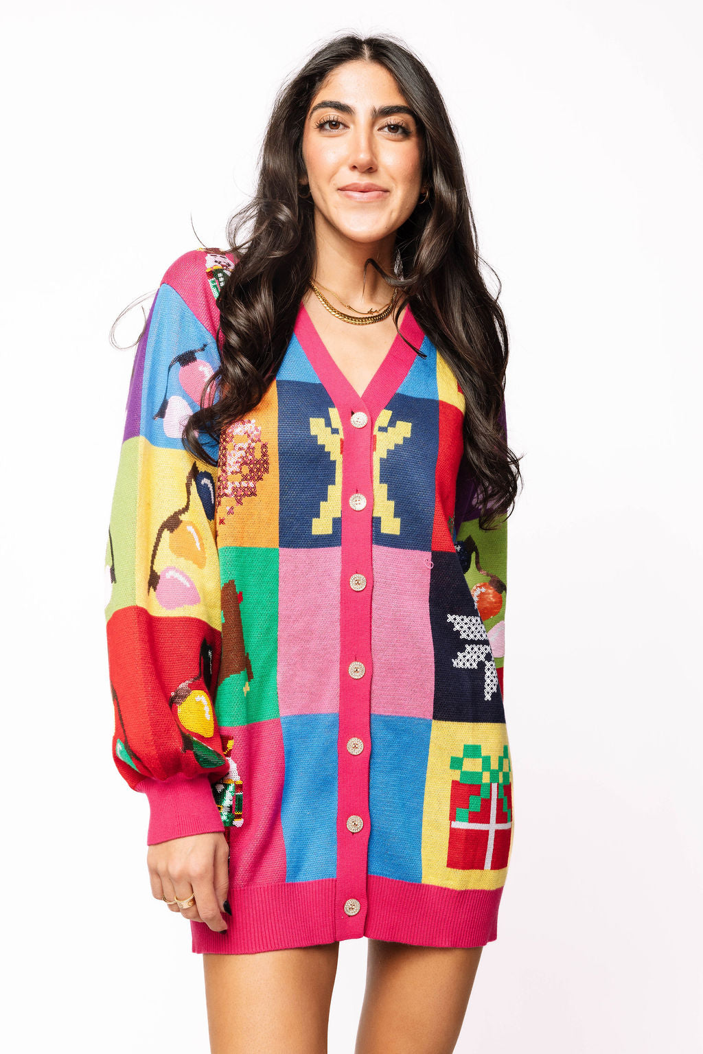 SAMPLE- Colorblock Needlepoint Button down Sweater Dress