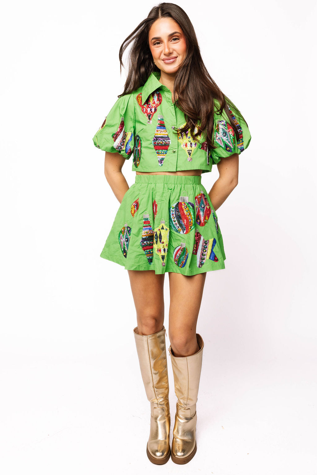 SAMPLE- Green Cotton Multi Color Ornaments Collar Top and Skort Set