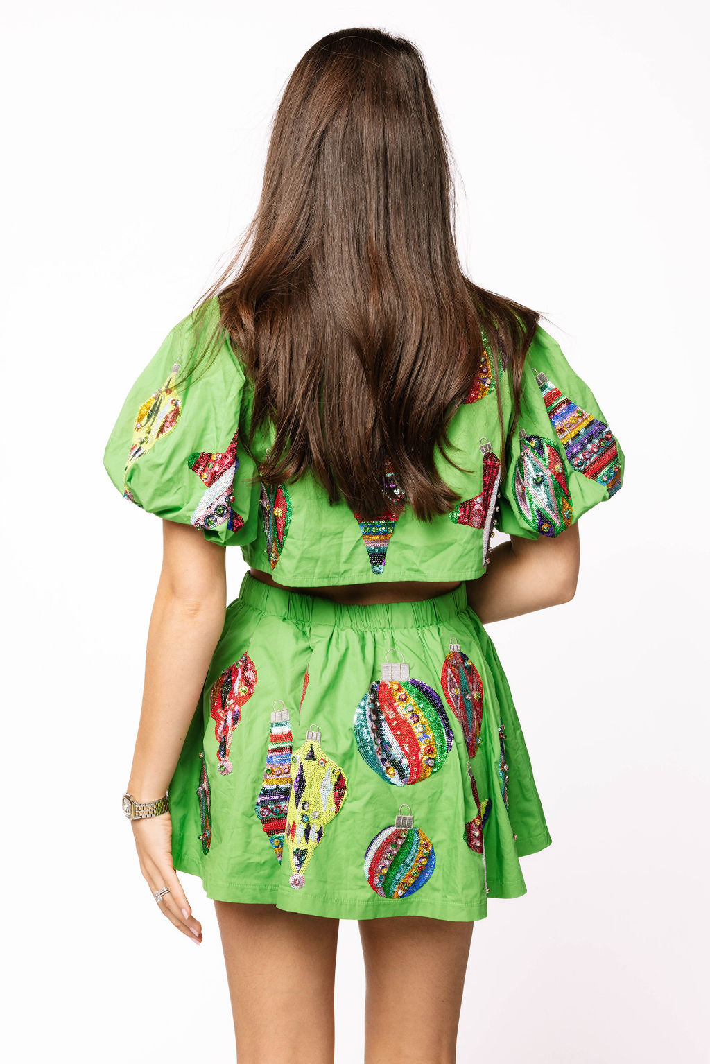 SAMPLE- Green Cotton Multi Color Ornaments Collar Top and Skort Set