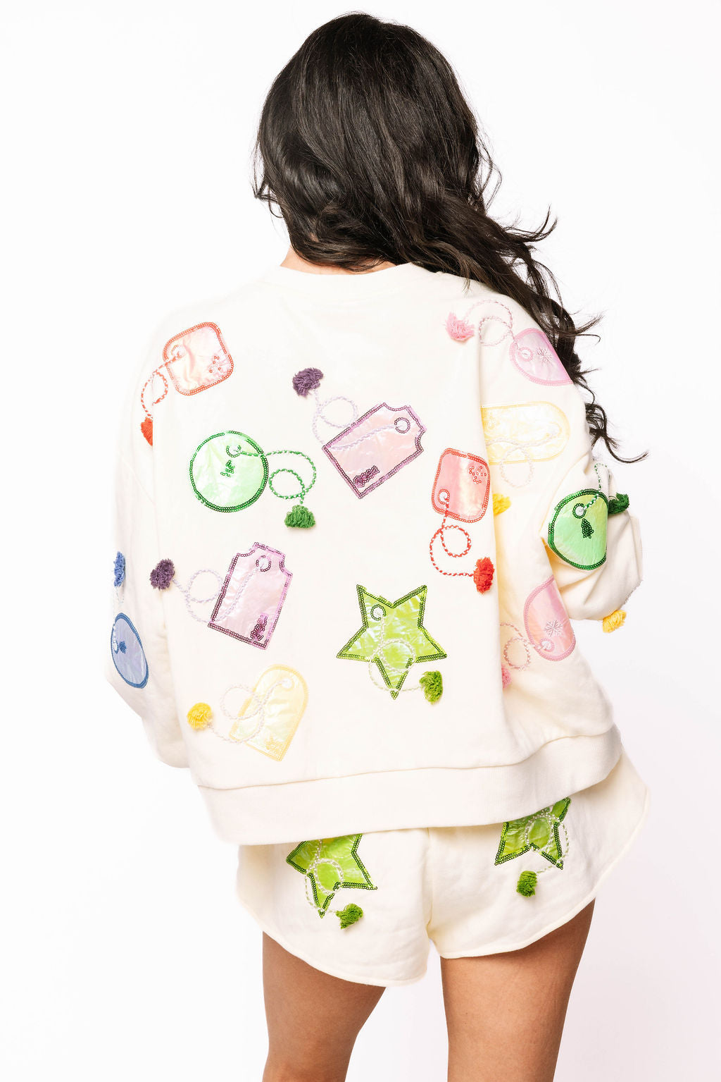 SAMPLE- Beige Gift Tags with Fringe Sweatshirt and Short Set