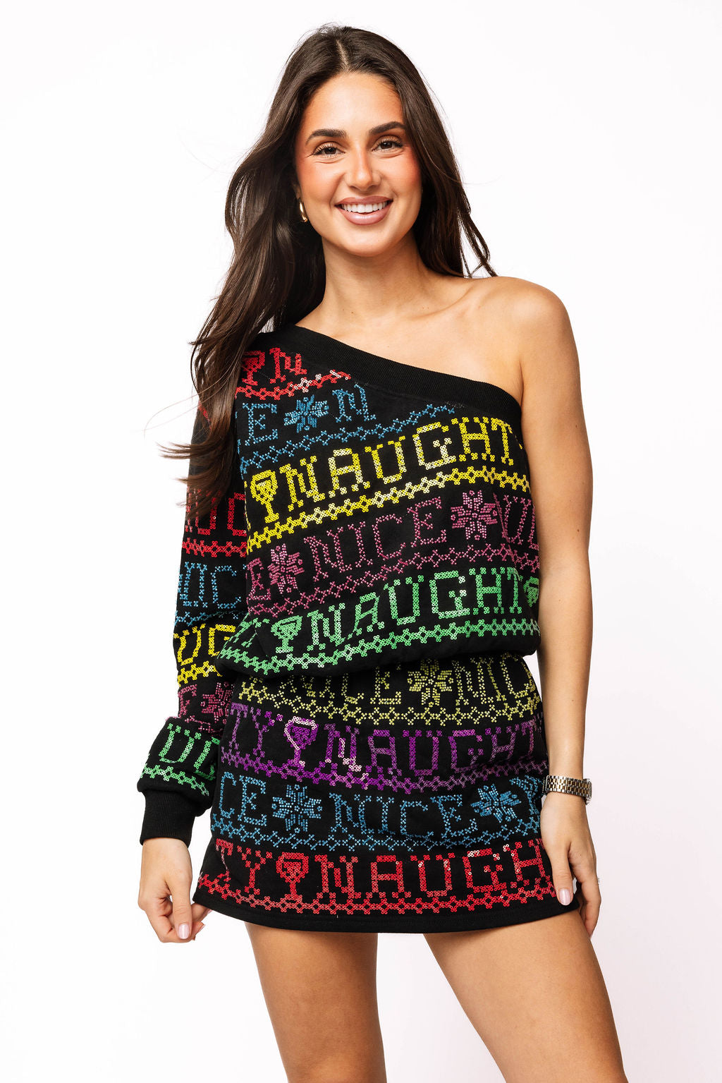 SAMPLE- Black Multi Needlepoint Naughty or Nice One Shoulder Top and Skort Set