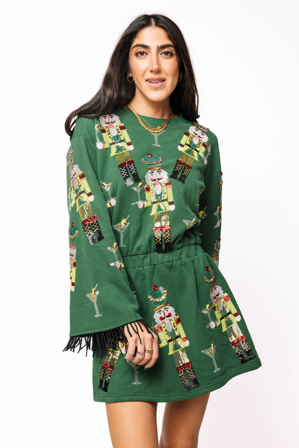 SAMPLE- Dark Green Martini Nutcrackers Bell Sleeve Dress