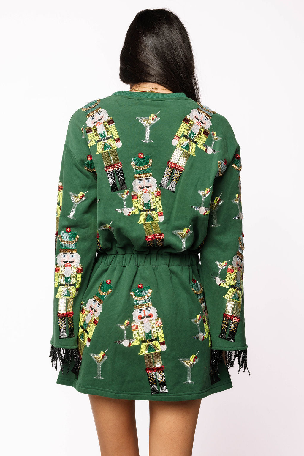 SAMPLE- Dark Green Martini Nutcrackers Bell Sleeve Dress