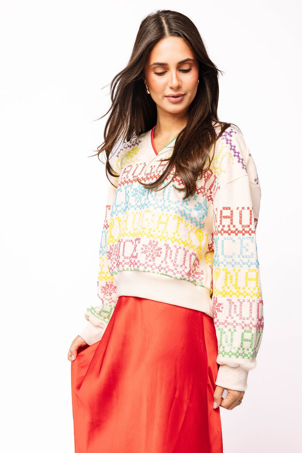 SAMPLE- Beige Multi Needlepoint 'Naughty or Nice' Sweatshirt and Skort Set