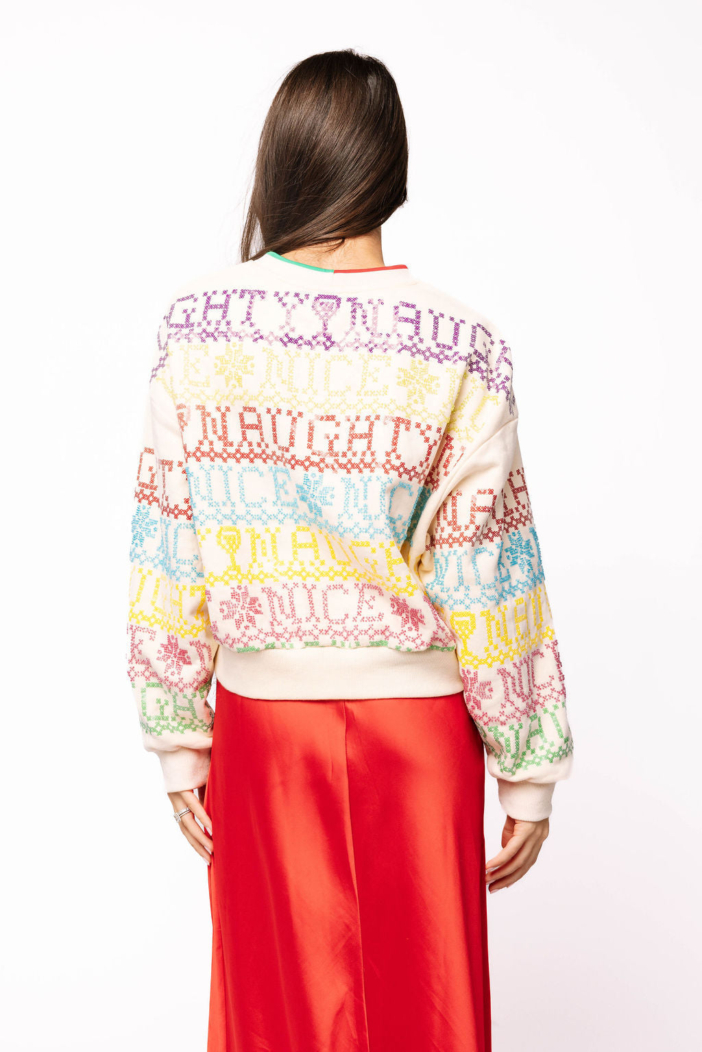 SAMPLE- Beige Multi Needlepoint 'Naughty or Nice' Sweatshirt and Skort Set