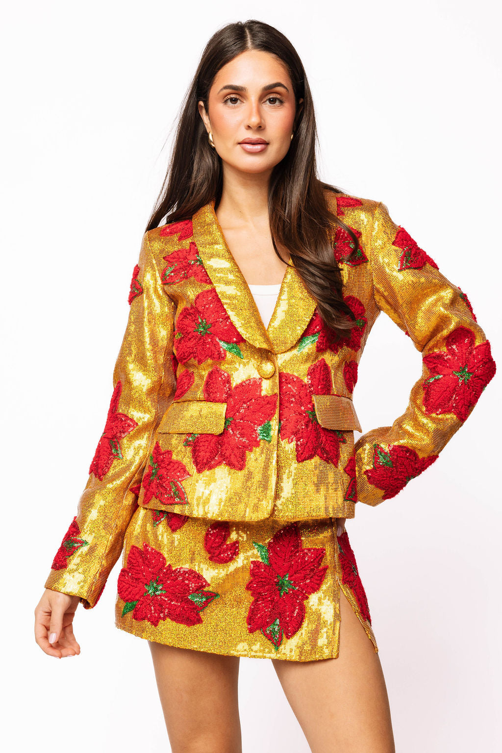 SAMPLE- Gold Sequin Blazer with Poinsettias and Skirt Set