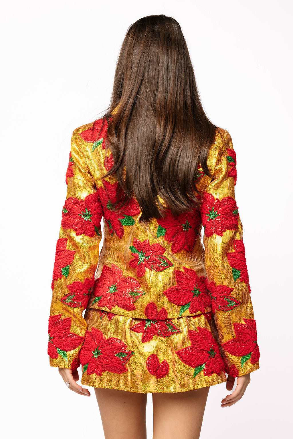 SAMPLE- Gold Sequin Blazer with Poinsettias and Skirt Set