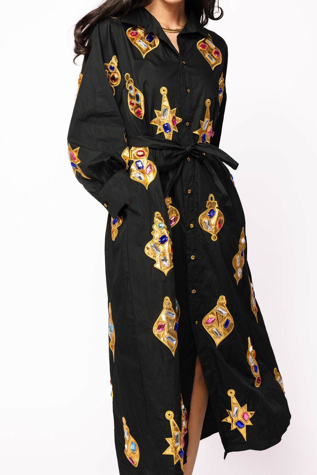 Black & Gold Jeweled Ornament Cotton Tie Midi Dress
