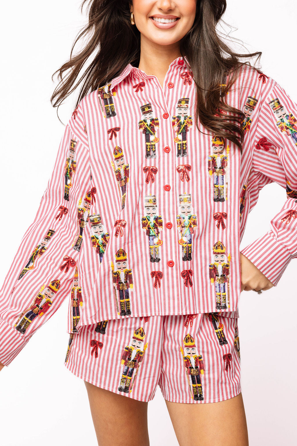 Red Stripe Scattered Nutcracker & Bow Cotton Short
