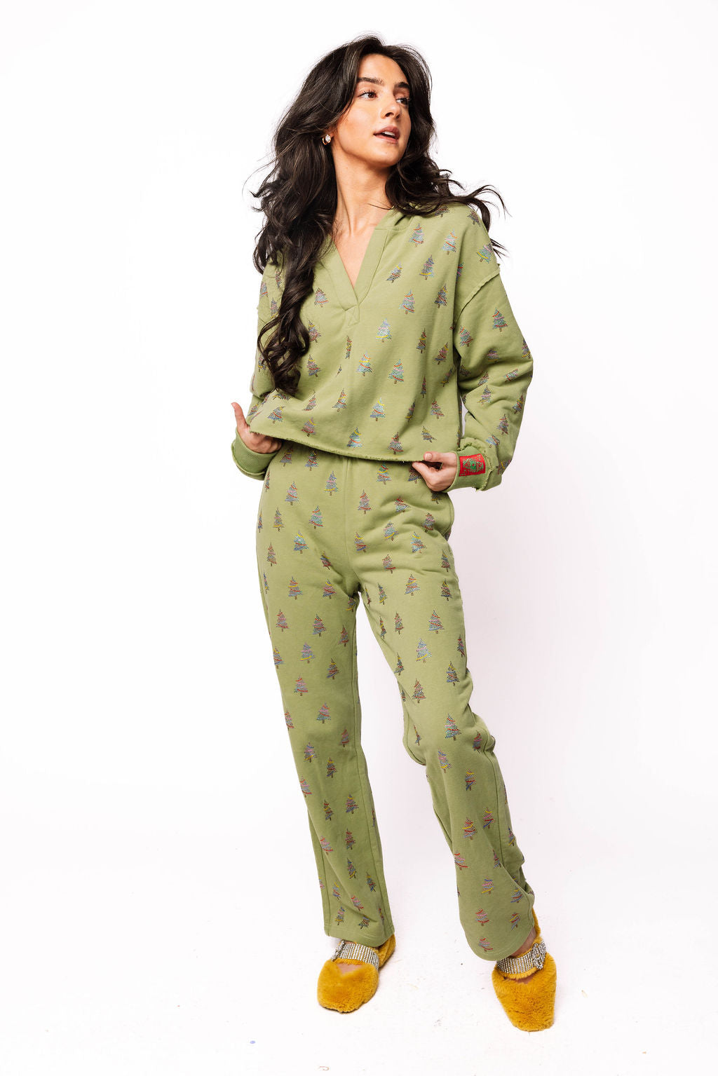Mossy Green Scattered Multi Christmas Tree Sweatpant