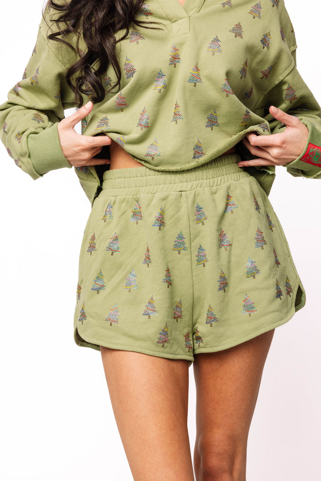 SAMPLE- Mossy Green Scattered Multi Rhinestone Tree Short