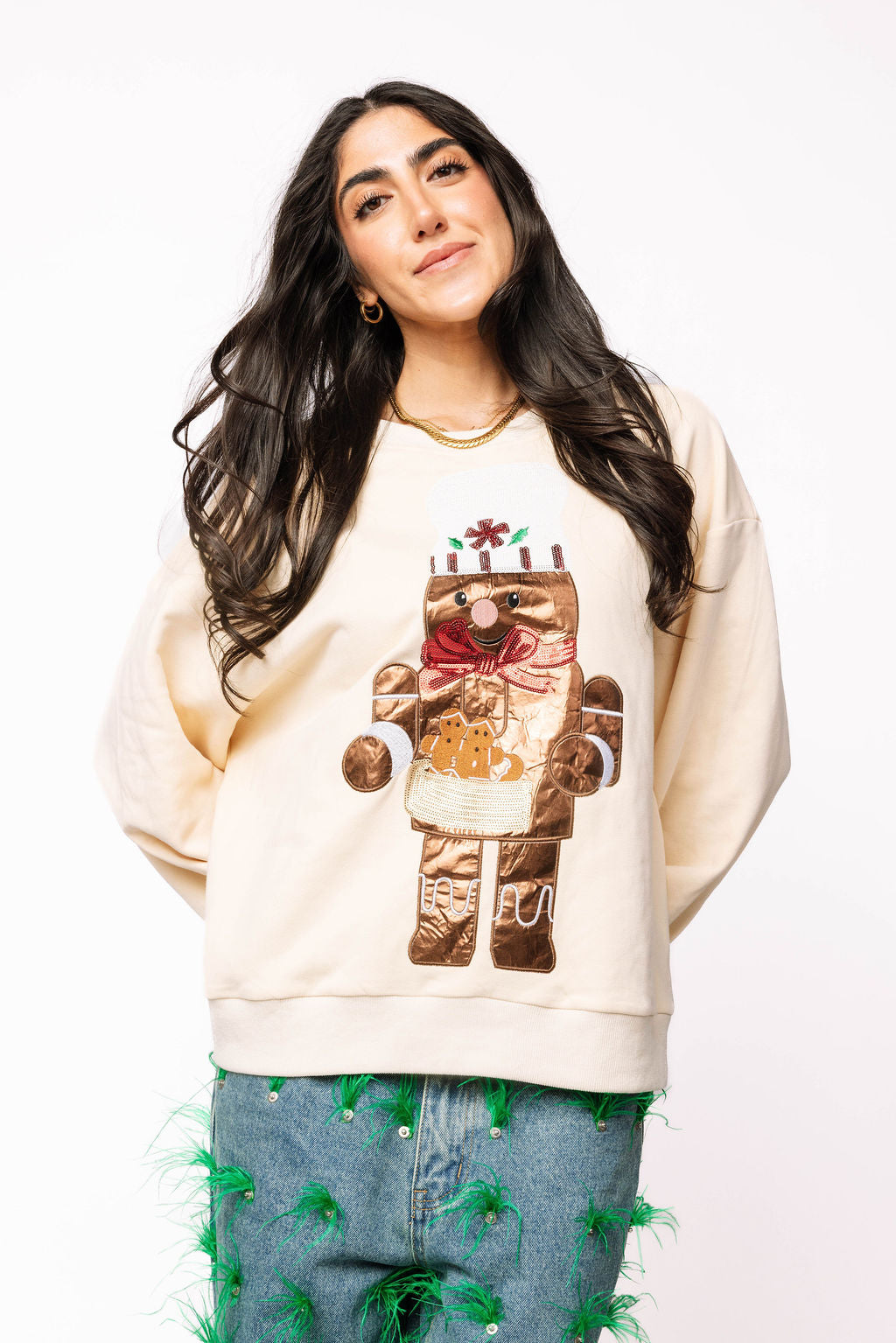 Beige Metallic Gingerbread Man Sweatshirt