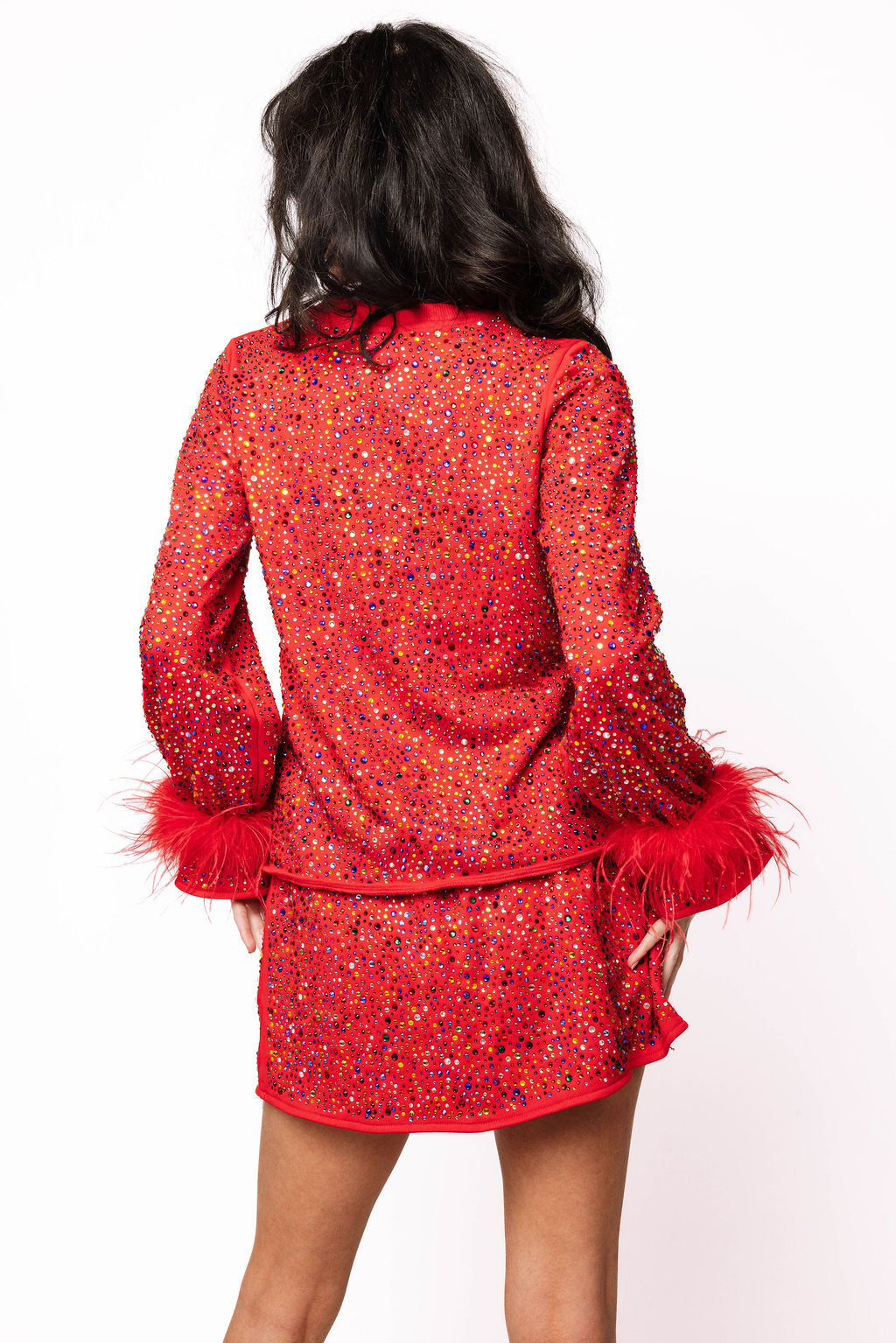 SAMPLE- Red Multi Rhinestone Feather Long Sleeve Top and Skort Set