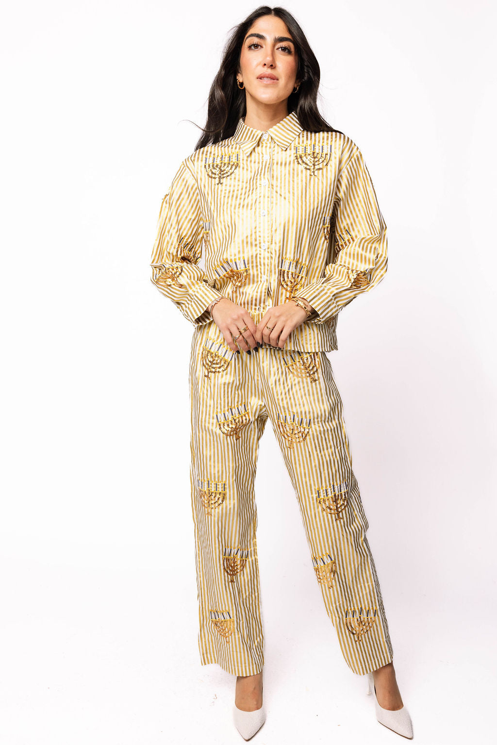 SAMPLE- Gold Striped Scattered Menorah Pant